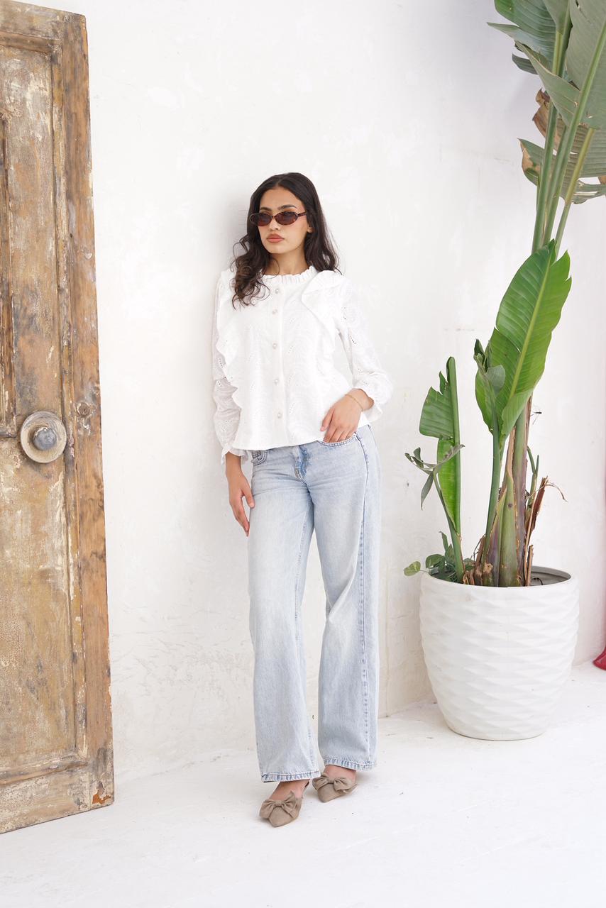 White Eyelet Embroidered Blouse with Full Lining