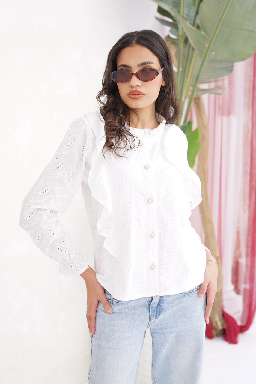 White Eyelet Embroidered Blouse with Full Lining