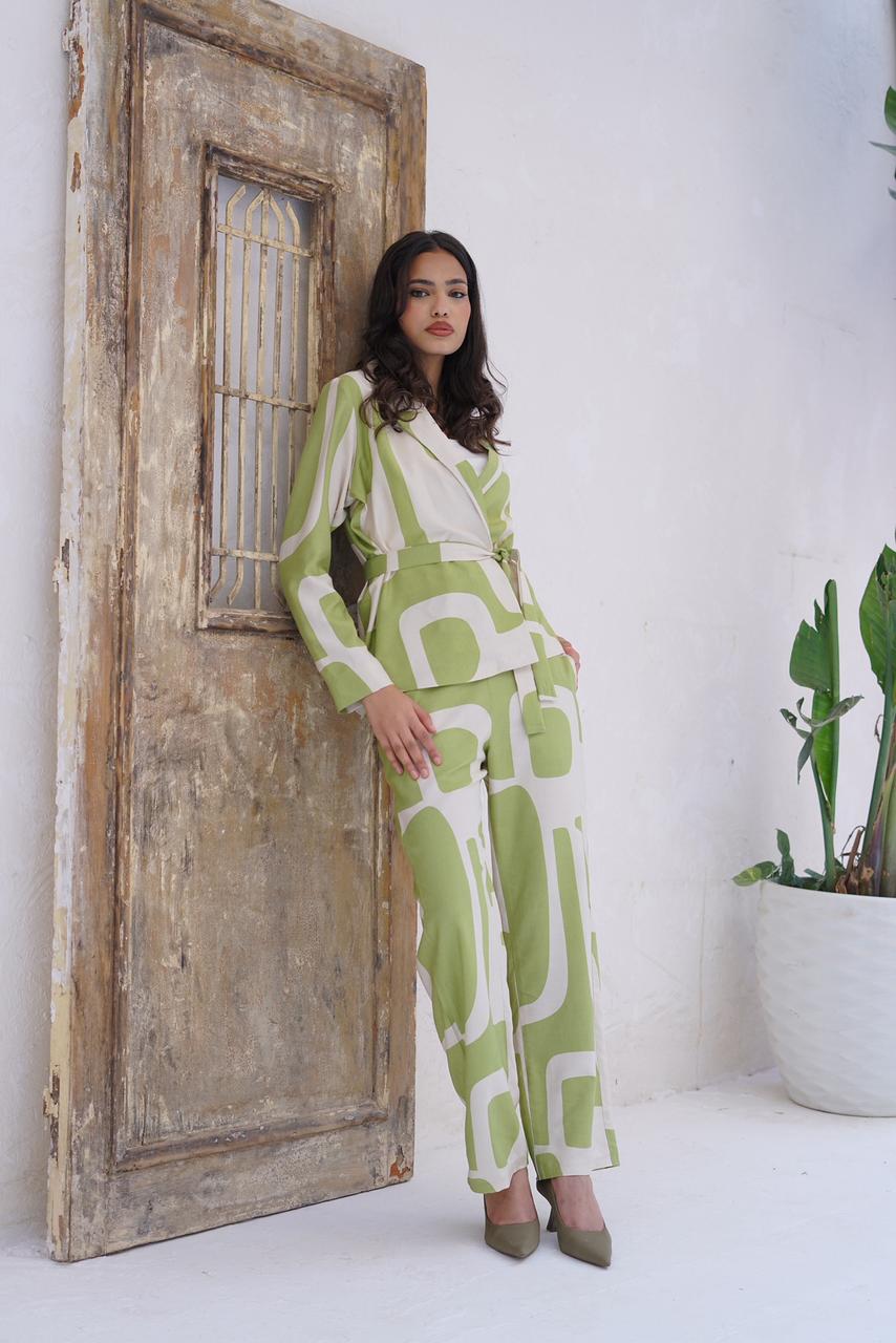 Linen Wrap-Belt Blazer Set