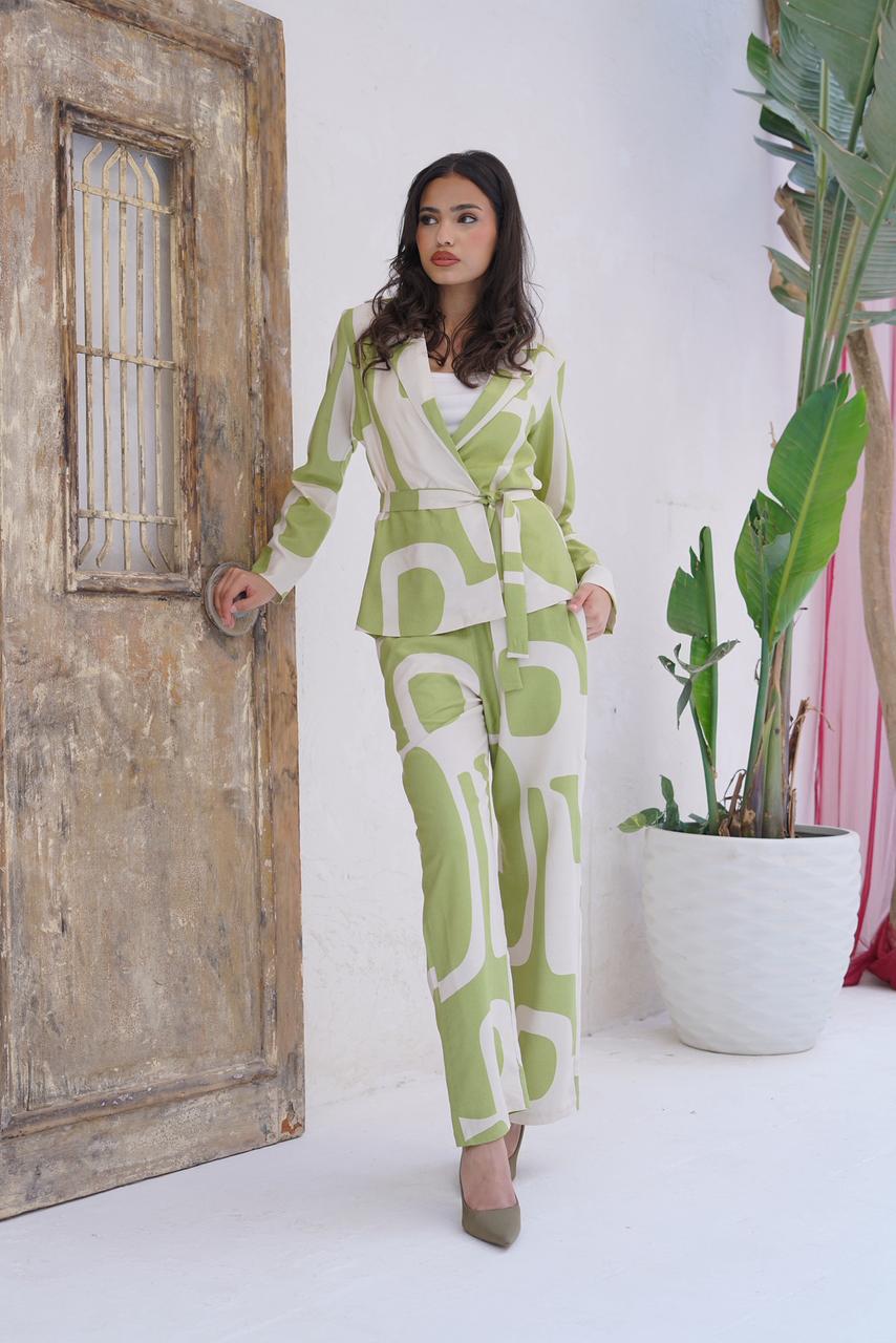 Linen Wrap-Belt Blazer Set