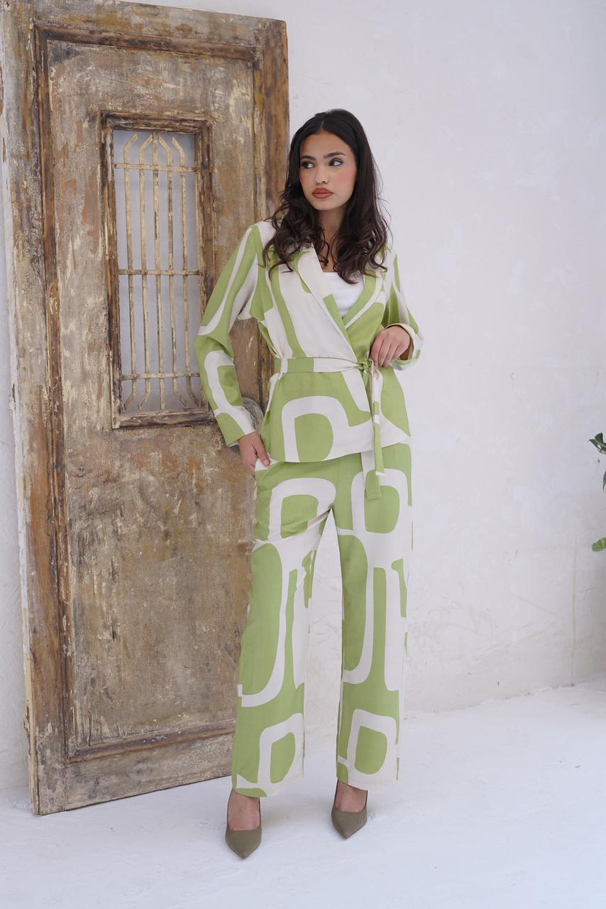 Linen Wrap-Belt Blazer Set