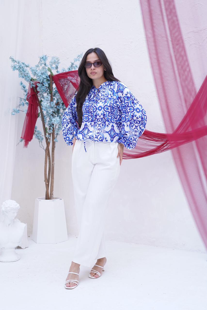 Armani Satin Blue & White Azulejo Print Blouse