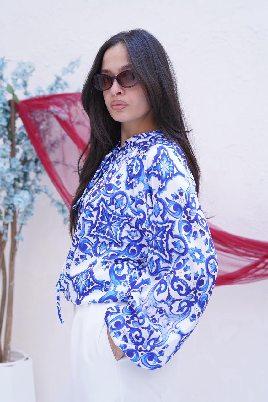Armani Satin Blue & White Azulejo Print Blouse