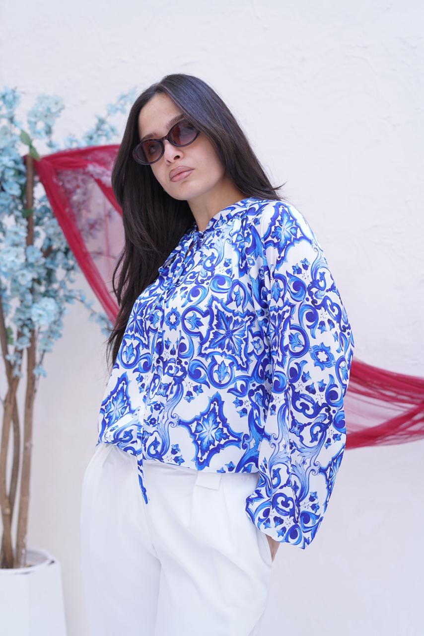 Armani Satin Blue & White Azulejo Print Blouse